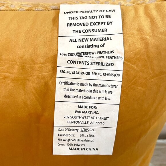 New Flower Accent Pillow Yellow Velvet Blooms Throw 20" x 20" Feather Insert NWT - Picture 7 of 7